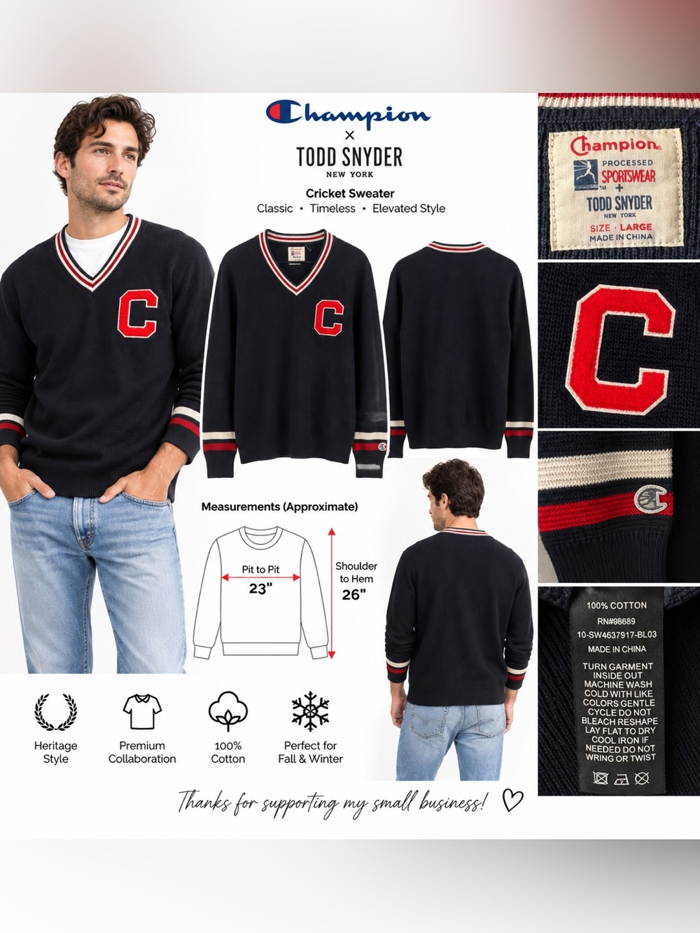 Champion x Todd Snyder Cricket Sweater Men’s Large Varsity C V-Neck 100% Cotton